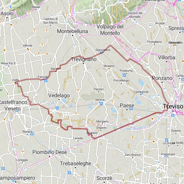 Miniatura della mappa di ispirazione al ciclismo "Percorso gravel da Vallà a Quinto di Treviso" nella regione di Veneto, Italy. Generata da Tarmacs.app, pianificatore di rotte ciclistiche