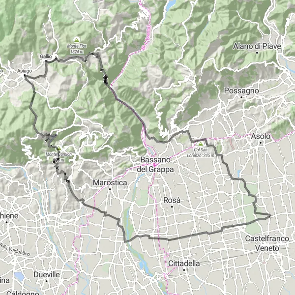 Map miniature of "Vallà to Asiago Round Trip" cycling inspiration in Veneto, Italy. Generated by Tarmacs.app cycling route planner