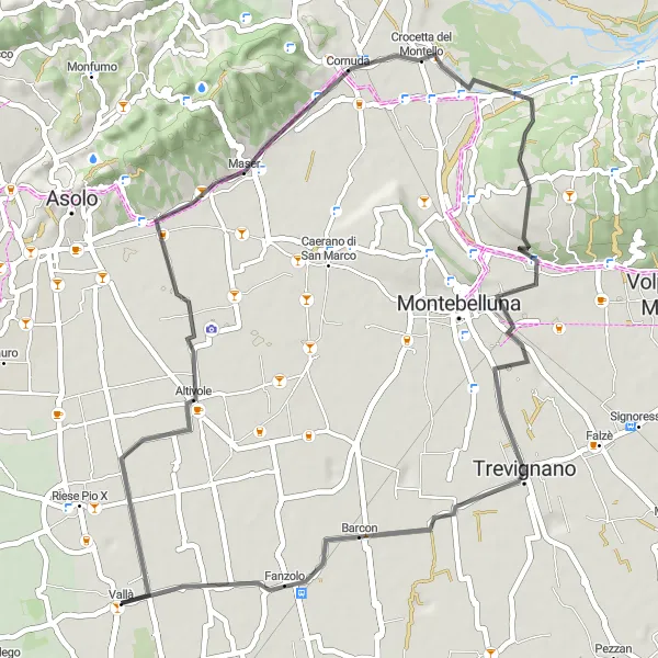 Miniatura della mappa di ispirazione al ciclismo "Tour su Strada passando per Altivole, Cornuda e Caonada" nella regione di Veneto, Italy. Generata da Tarmacs.app, pianificatore di rotte ciclistiche