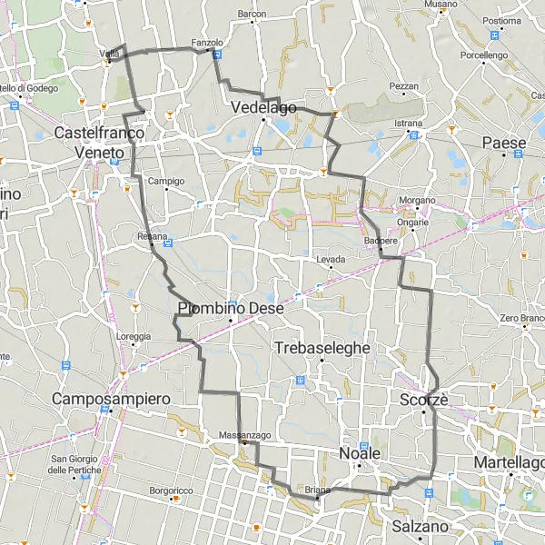 Map miniature of "Vedelago and Resana Road Cycling Route" cycling inspiration in Veneto, Italy. Generated by Tarmacs.app cycling route planner