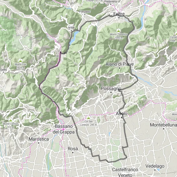 Miniatura della mappa di ispirazione al ciclismo "Salendo tra le Vette del Grappa" nella regione di Veneto, Italy. Generata da Tarmacs.app, pianificatore di rotte ciclistiche