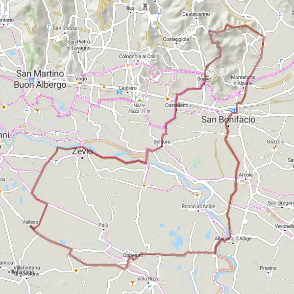 Map miniature of "Gravel Adventure via Santa Maria di Zevio and San Bonifacio" cycling inspiration in Veneto, Italy. Generated by Tarmacs.app cycling route planner