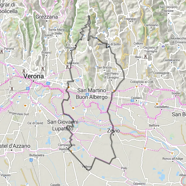 Miniatura della mappa di ispirazione al ciclismo "Cicloturismo tra Castiglione e Zevio" nella regione di Veneto, Italy. Generata da Tarmacs.app, pianificatore di rotte ciclistiche