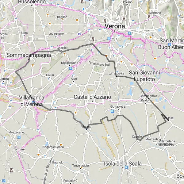 Miniatura della mappa di ispirazione al ciclismo "Giro in bicicletta tra Vallese e Buttapietra" nella regione di Veneto, Italy. Generata da Tarmacs.app, pianificatore di rotte ciclistiche