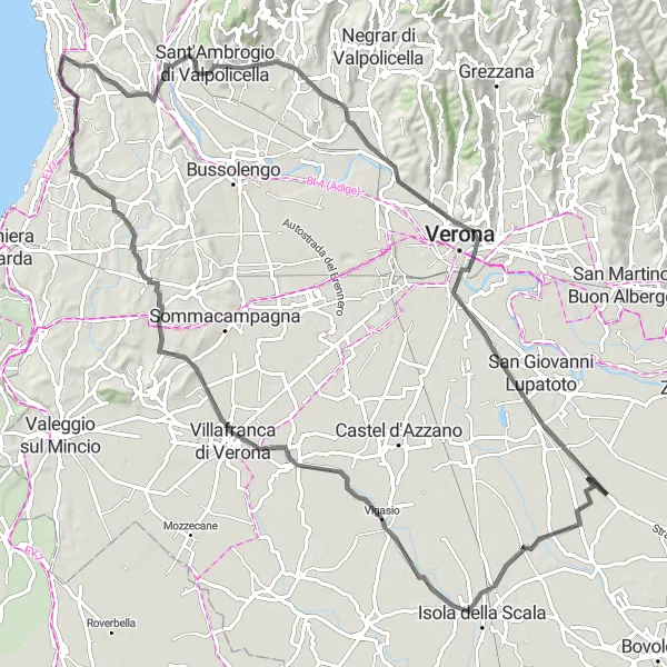 Map miniature of "The Scaligeri Trail" cycling inspiration in Veneto, Italy. Generated by Tarmacs.app cycling route planner