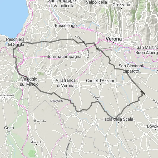 Map miniature of "Cycle through Isola della Scala to Castelnuovo del Garda" cycling inspiration in Veneto, Italy. Generated by Tarmacs.app cycling route planner