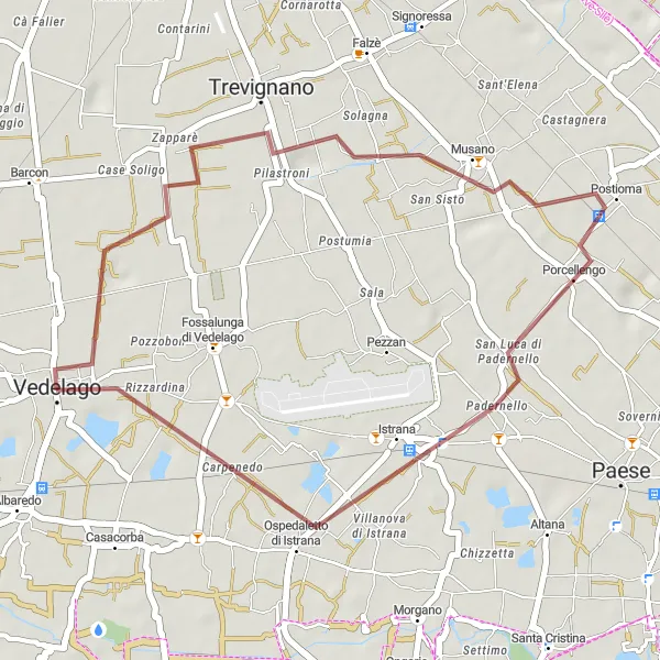 Miniatua del mapa de inspiración ciclista "Ruta de ciclismo de grava por los alrededores de Vedelago" en Veneto, Italy. Generado por Tarmacs.app planificador de rutas ciclistas