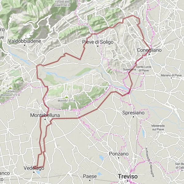 Miniatura della mappa di ispirazione al ciclismo "Avventura Ciclistica tra Montebelluna e Conegliano" nella regione di Veneto, Italy. Generata da Tarmacs.app, pianificatore di rotte ciclistiche