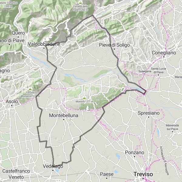 Miniaturní mapa "Road Trip k Maseru a Nervesa della Battaglia" inspirace pro cyklisty v oblasti Veneto, Italy. Vytvořeno pomocí plánovače tras Tarmacs.app