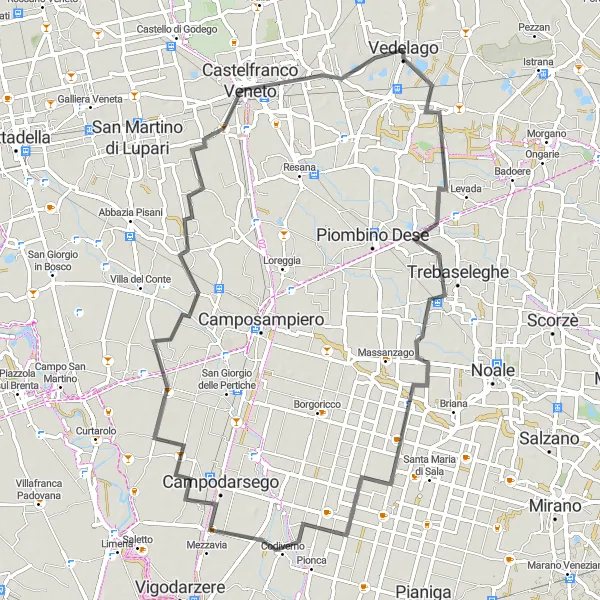 Miniatura mapy "Przejazd w okolicach Vedelago przez Trebaseleghe i Castelfranco Veneto" - trasy rowerowej w Veneto, Italy. Wygenerowane przez planer tras rowerowych Tarmacs.app