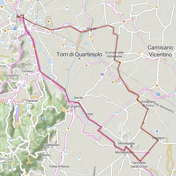 Mapa miniatúra "Gravelová jízda kolem Montegalda" cyklistická inšpirácia v Veneto, Italy. Vygenerované cyklistickým plánovačom trás Tarmacs.app