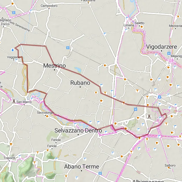 Mapa miniatúra "Gravelový okruh cez Paduu a Saccolongo" cyklistická inšpirácia v Veneto, Italy. Vygenerované cyklistickým plánovačom trás Tarmacs.app