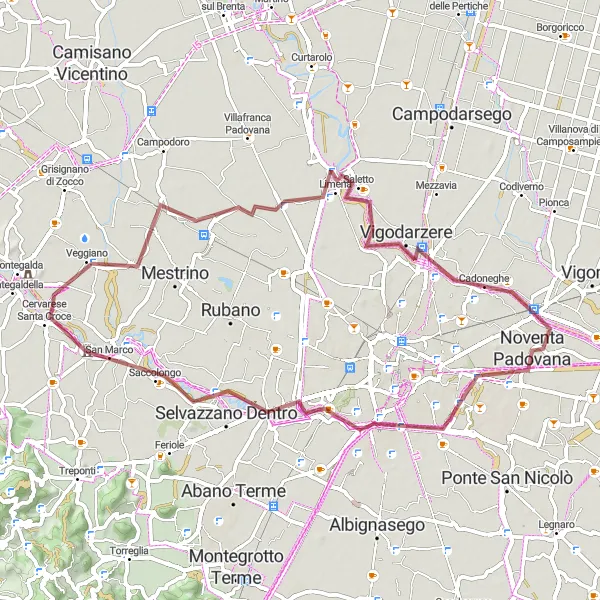 Miniatura della mappa di ispirazione al ciclismo "Giro in bicicletta gravel da Veggiano a Limena e Selvazzano Dentro" nella regione di Veneto, Italy. Generata da Tarmacs.app, pianificatore di rotte ciclistiche