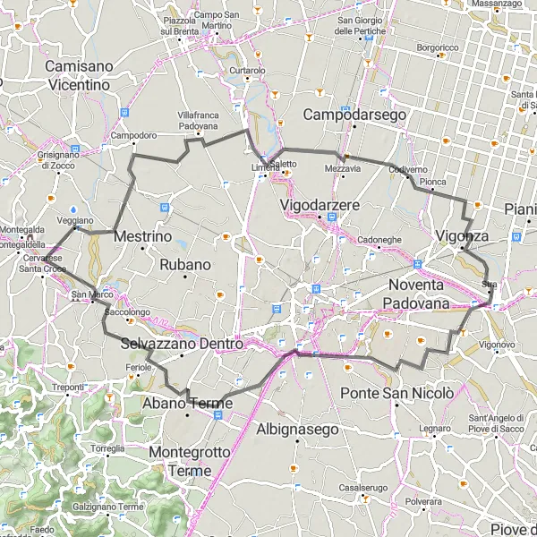 Mapa miniatúra "Kulturní okruh kolem Padovy" cyklistická inšpirácia v Veneto, Italy. Vygenerované cyklistickým plánovačom trás Tarmacs.app