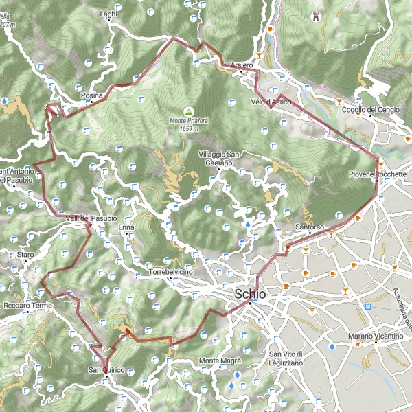 Karten-Miniaturansicht der Radinspiration "Santorso und Posina-Runde (Schotter)" in Veneto, Italy. Erstellt vom Tarmacs.app-Routenplaner für Radtouren