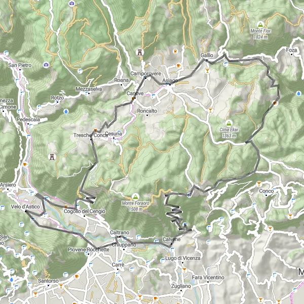 Kartminiatyr av "Road Eventyr i Nærheten av Velo d'Astico" sykkelinspirasjon i Veneto, Italy. Generert av Tarmacs.app sykkelrutoplanlegger