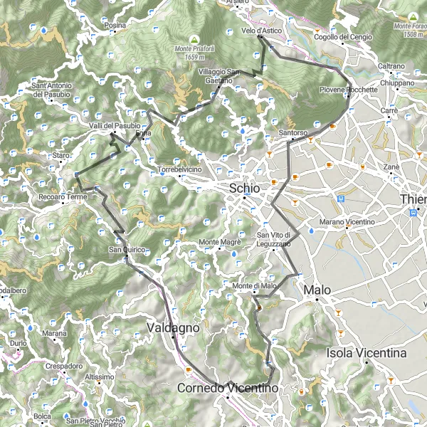 Miniaturní mapa "Okolo Velo d'Astico" inspirace pro cyklisty v oblasti Veneto, Italy. Vytvořeno pomocí plánovače tras Tarmacs.app