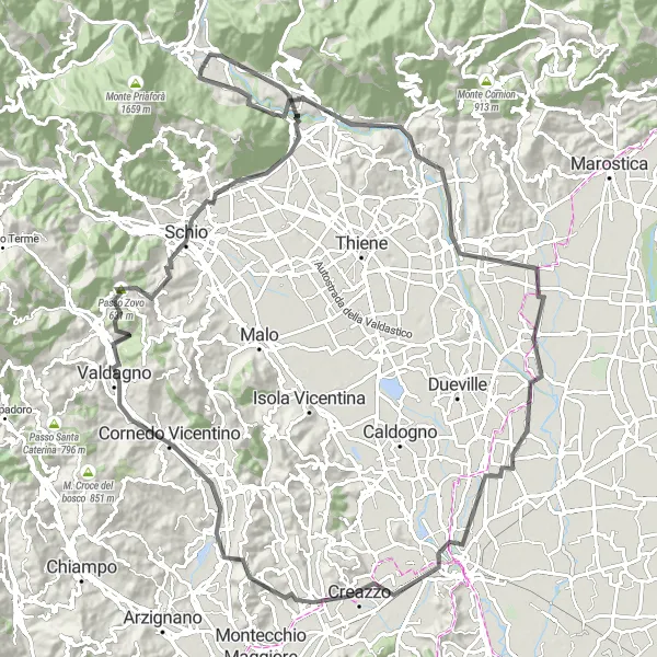 Zemljevid v pomanjšavi "Cestna kolesarska pot do Velo d'Astico" kolesarske inspiracije v Veneto, Italy. Generirano z načrtovalcem kolesarskih poti Tarmacs.app