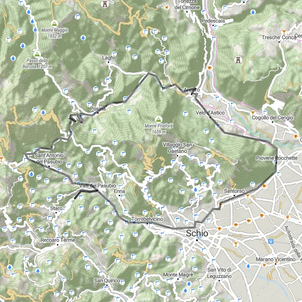 Zemljevid v pomanjšavi "Razgibana kolesarska pot Monte Castello" kolesarske inspiracije v Veneto, Italy. Generirano z načrtovalcem kolesarskih poti Tarmacs.app