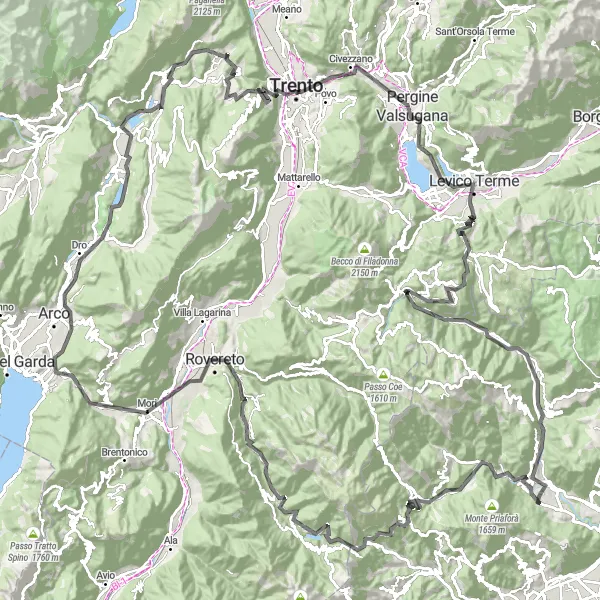 Miniatura della mappa di ispirazione al ciclismo "Tour delle Valli del Pasubio" nella regione di Veneto, Italy. Generata da Tarmacs.app, pianificatore di rotte ciclistiche