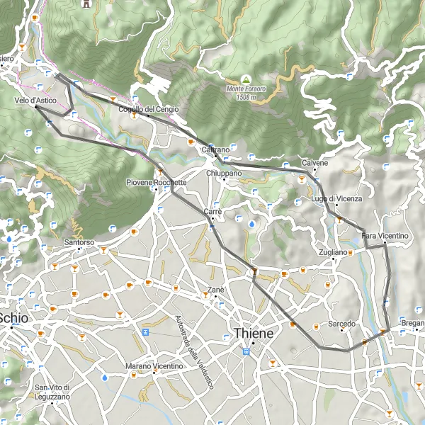 Map miniature of "The Gravel Adventure through Monte Grumo Alto and Carrè" cycling inspiration in Veneto, Italy. Generated by Tarmacs.app cycling route planner