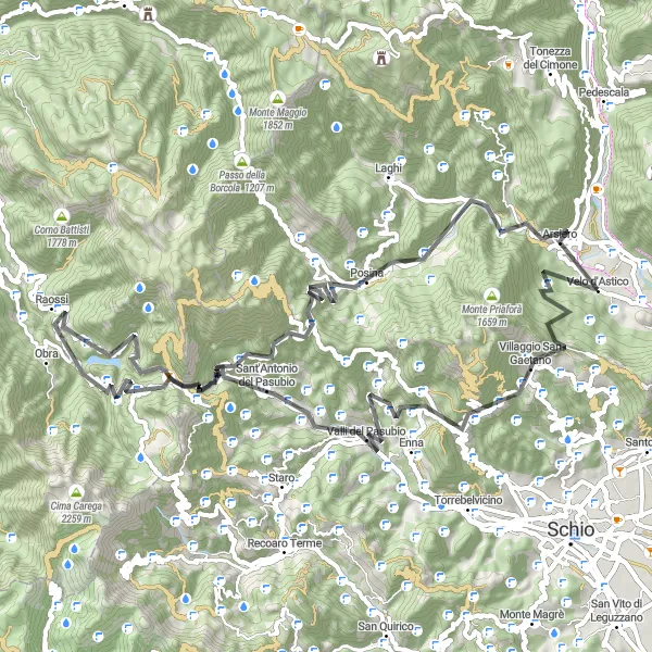 Map miniature of "The Scenic Challenge of Monte Pelle and Pian delle Fugazze" cycling inspiration in Veneto, Italy. Generated by Tarmacs.app cycling route planner