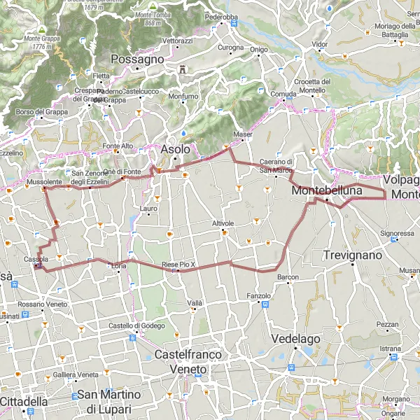 Miniatuurkaart van de fietsinspiratie "Scenic gravel route to Crespignaga" in Veneto, Italy. Gemaakt door de Tarmacs.app fietsrouteplanner