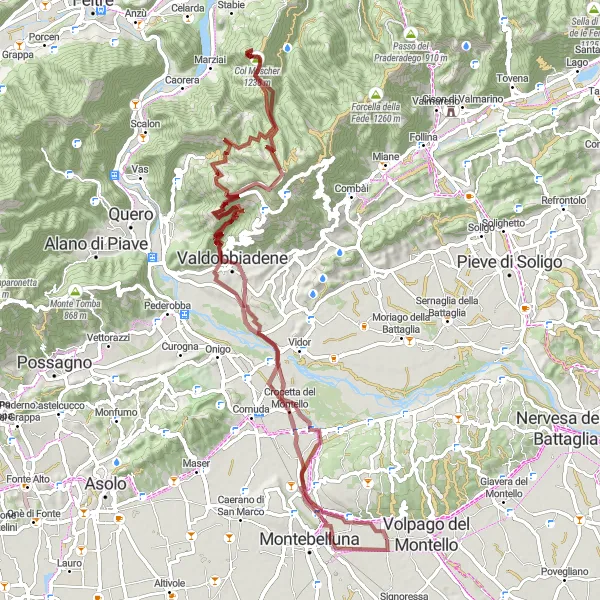 Miniature de la carte de l'inspiration cycliste "L'aventure à Valdobbiadene" dans la Veneto, Italy. Générée par le planificateur d'itinéraire cycliste Tarmacs.app