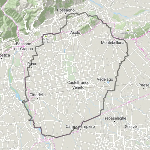 Mapa miniatúra "Cyklistická trasa Casacorba - Caonada" cyklistická inšpirácia v Veneto, Italy. Vygenerované cyklistickým plánovačom trás Tarmacs.app