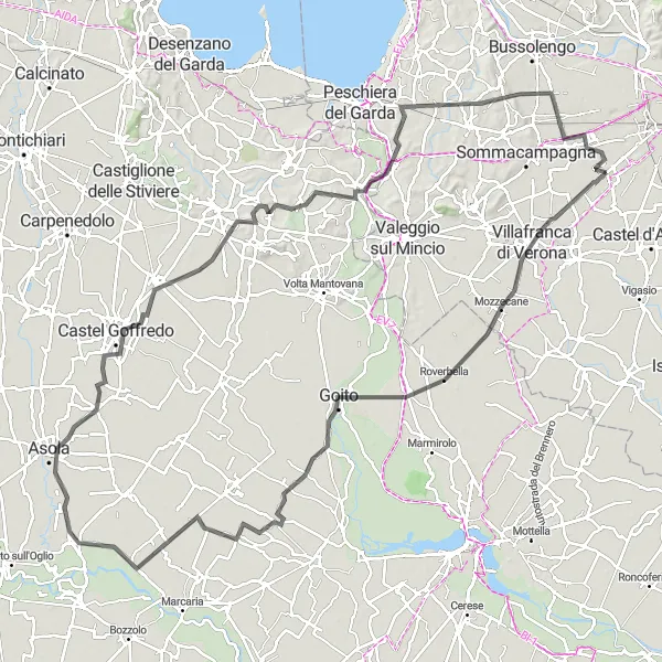 Karttaminiaatyyri "Rengasreitti Veronan lähellä Mozzecanesta Castelnuovo del Gardaan" pyöräilyinspiraatiosta alueella Veneto, Italy. Luotu Tarmacs.app pyöräilyreittisuunnittelijalla