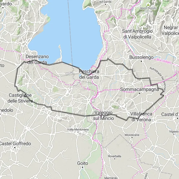 Miniatura della mappa di ispirazione al ciclismo "Giro del Lago di Garda" nella regione di Veneto, Italy. Generata da Tarmacs.app, pianificatore di rotte ciclistiche