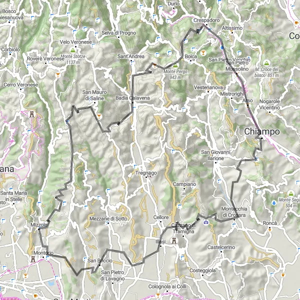 Miniatura della mappa di ispirazione al ciclismo "Tour in bici da Verona attraverso Monte Madarosa e Illasi" nella regione di Veneto, Italy. Generata da Tarmacs.app, pianificatore di rotte ciclistiche