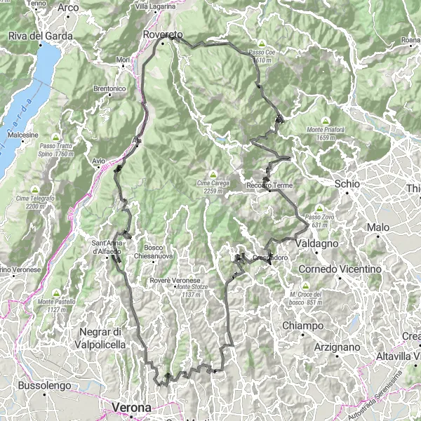 Mapa miniatúra "Výzva kolem Verony" cyklistická inšpirácia v Veneto, Italy. Vygenerované cyklistickým plánovačom trás Tarmacs.app