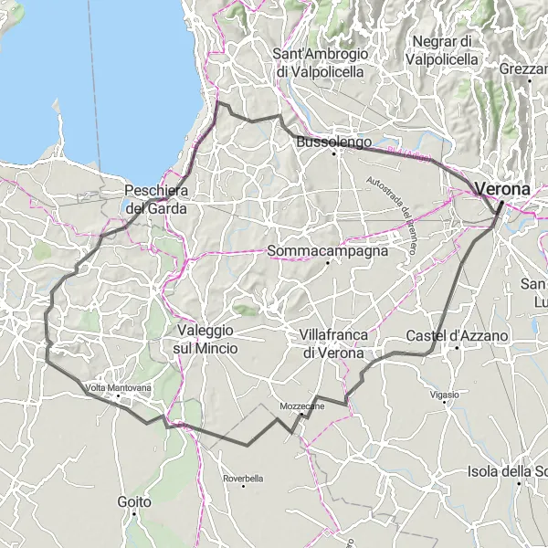 Karttaminiaatyyri "Verona - Povegliano Veronese - Mozzecane - Volta Mantovana - Monte Cucco - Pozzolengo - Bastione San Marco - Bussolengo - Verona" pyöräilyinspiraatiosta alueella Veneto, Italy. Luotu Tarmacs.app pyöräilyreittisuunnittelijalla