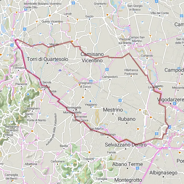 Map miniature of "Vicenza to Camisano Vicentino and back" cycling inspiration in Veneto, Italy. Generated by Tarmacs.app cycling route planner