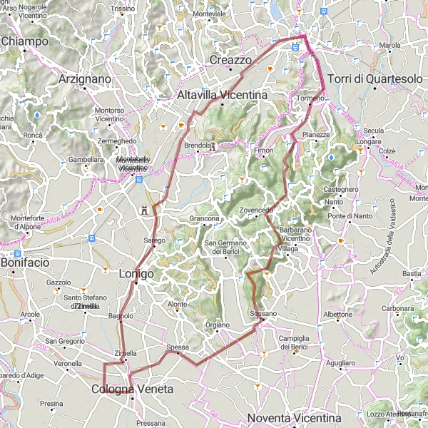 Mapa miniatúra "Gravelová cyklotrasa okolo Vicenzy" cyklistická inšpirácia v Veneto, Italy. Vygenerované cyklistickým plánovačom trás Tarmacs.app