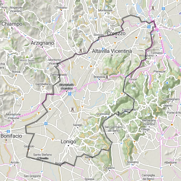 Map miniature of "The Gotham Loop" cycling inspiration in Veneto, Italy. Generated by Tarmacs.app cycling route planner
