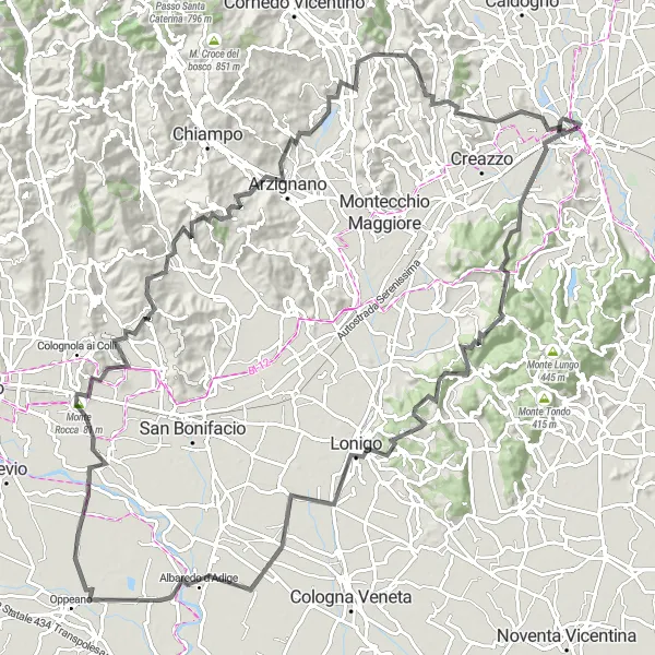 Miniatuurkaart van de fietsinspiratie "128km Road Cycling Route with Stunning Views" in Veneto, Italy. Gemaakt door de Tarmacs.app fietsrouteplanner