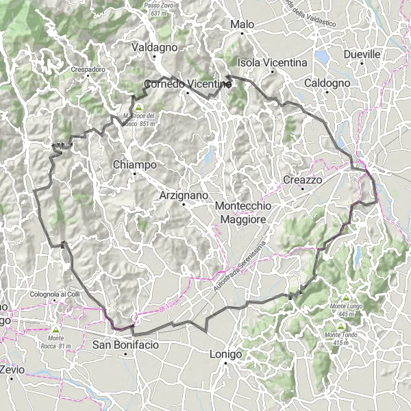 Miniaturní mapa "Okružní cyklistická trasa z Vicenzy" inspirace pro cyklisty v oblasti Veneto, Italy. Vytvořeno pomocí plánovače tras Tarmacs.app