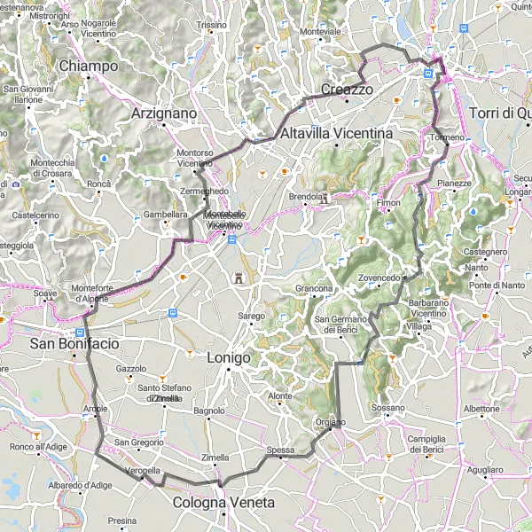 Karttaminiaatyyri "Vicenza - Monte Tondo Round-Trip" pyöräilyinspiraatiosta alueella Veneto, Italy. Luotu Tarmacs.app pyöräilyreittisuunnittelijalla