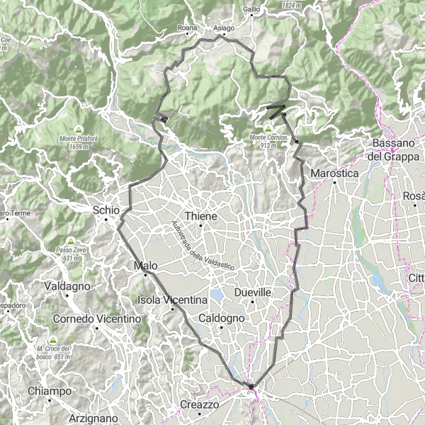 Miniatura della mappa di ispirazione al ciclismo "Alla scoperta delle montagne vicentine" nella regione di Veneto, Italy. Generata da Tarmacs.app, pianificatore di rotte ciclistiche