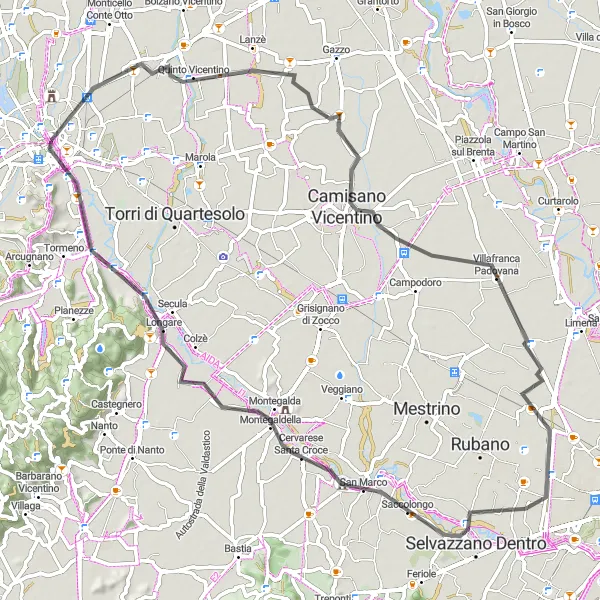Miniaturní mapa "Okružní cesta okolo Vicenzy" inspirace pro cyklisty v oblasti Veneto, Italy. Vytvořeno pomocí plánovače tras Tarmacs.app