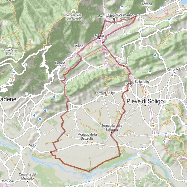 Map miniature of "Gravel Route to Monte Moncader and Sernaglia della Battaglia" cycling inspiration in Veneto, Italy. Generated by Tarmacs.app cycling route planner