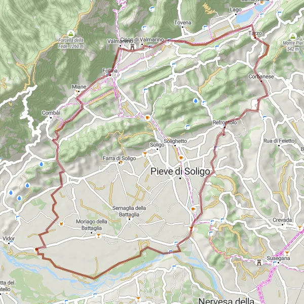 Map miniature of "Gravel Route to Monte Moncader and Refrontolo" cycling inspiration in Veneto, Italy. Generated by Tarmacs.app cycling route planner