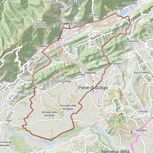 Kartminiatyr av "Kuperad grusvägscykelutflykt i närheten av Vidor" cykelinspiration i Veneto, Italy. Genererad av Tarmacs.app cykelruttplanerare