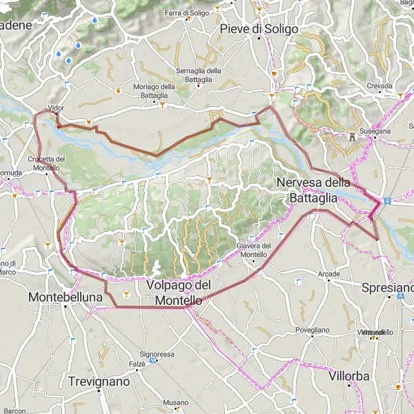 Miniatura della mappa di ispirazione al ciclismo "Giro in bicicletta da Vidor a Col Marcon" nella regione di Veneto, Italy. Generata da Tarmacs.app, pianificatore di rotte ciclistiche