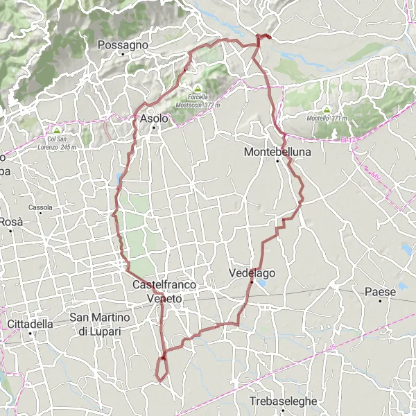 Map miniature of "Gravel Route to Col Marcon, Vedelago and Tomba" cycling inspiration in Veneto, Italy. Generated by Tarmacs.app cycling route planner