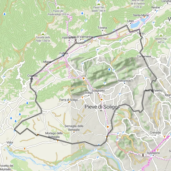 Map miniature of "Vidor - Monte Moncader - Corbanese Loop" cycling inspiration in Veneto, Italy. Generated by Tarmacs.app cycling route planner