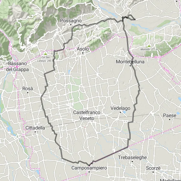 Miniatua del mapa de inspiración ciclista "Ruta de Col Marcon" en Veneto, Italy. Generado por Tarmacs.app planificador de rutas ciclistas