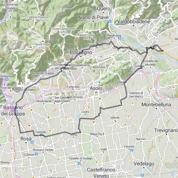Map miniature of "Road Route to Col Marcon and Crespano del Grappa" cycling inspiration in Veneto, Italy. Generated by Tarmacs.app cycling route planner